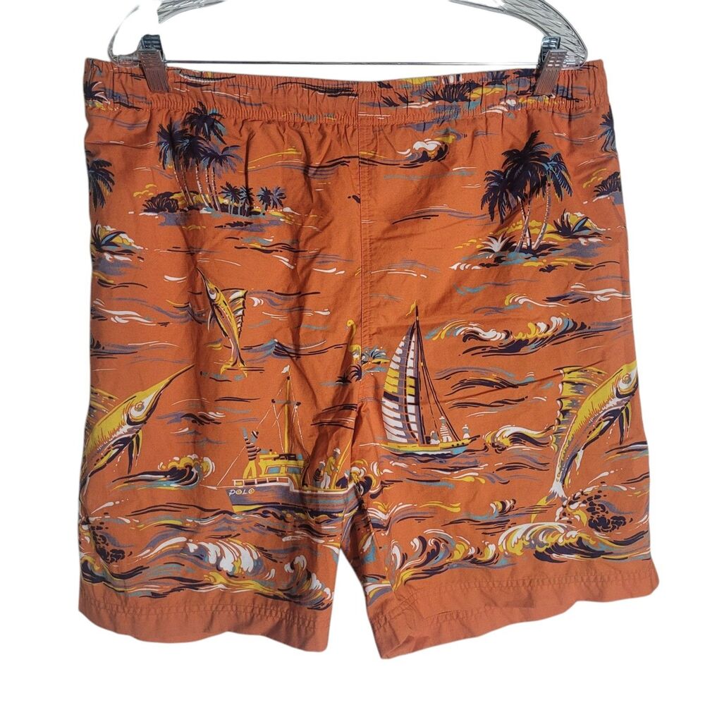 Polo Sport Swin Trunks Shorts Men's XL Orange Fish Sailing Print Beach 8" Inseam